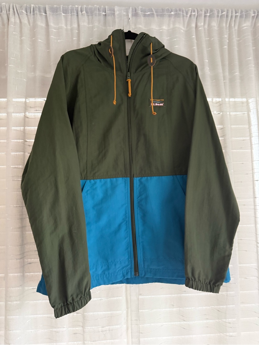 L.L. Bean Olive and Teal Hooded Windbreaker